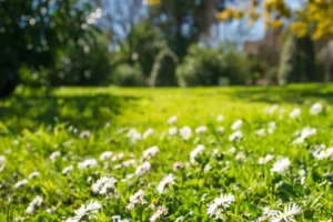 Des fleurs blanches éparpillées sur une pelouse verte, avec des arbres flous en arrière-plan sous un ciel bleu.