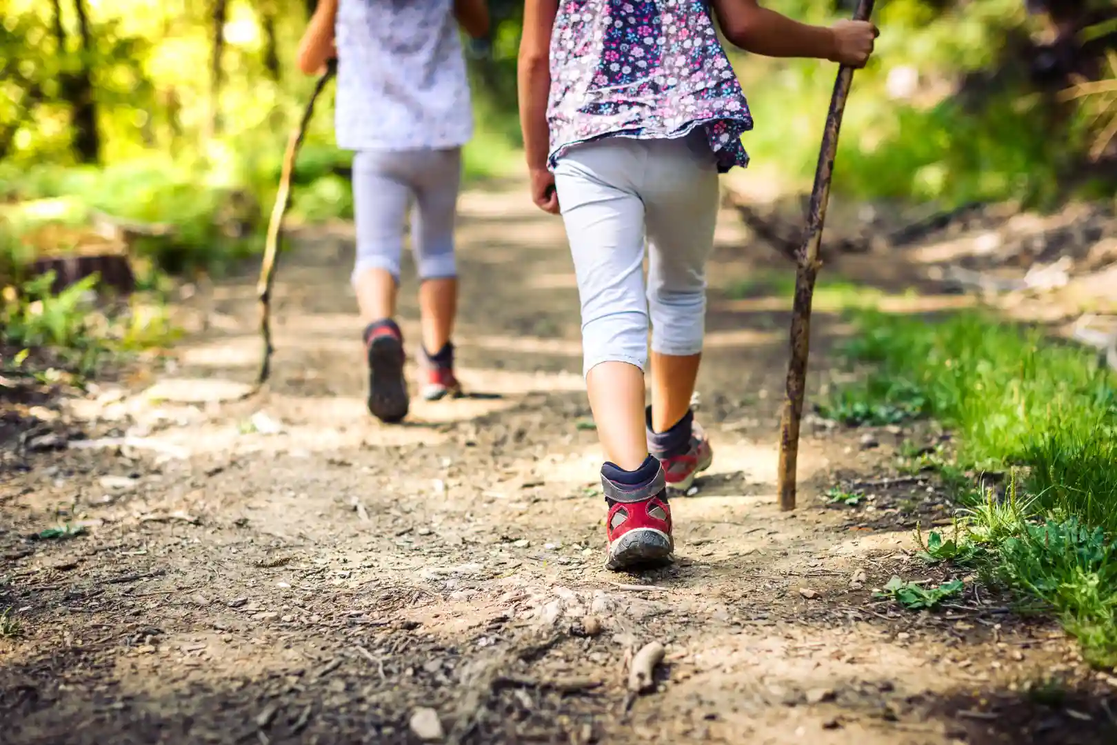 Deux enfants en pantalons gris et chaussures rouges marchent sur un sentier forestier, chacun tenant un bâton de marche.