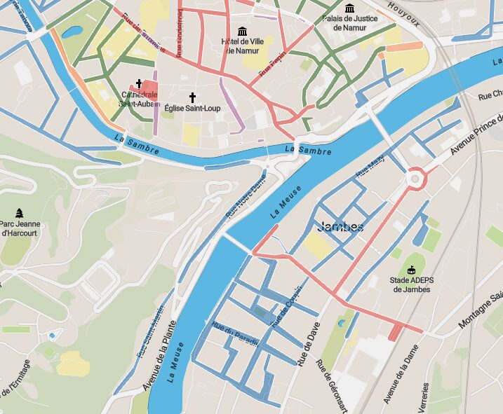 À Jambes, certaines rues offrent un parking gratuit ou des durées plus longues, avec une belle vue sur la Meuse et un accès piéton rapide au centre.